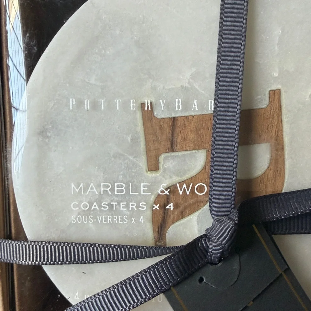 Pottery Barn “R” Marble & Wood Coasters